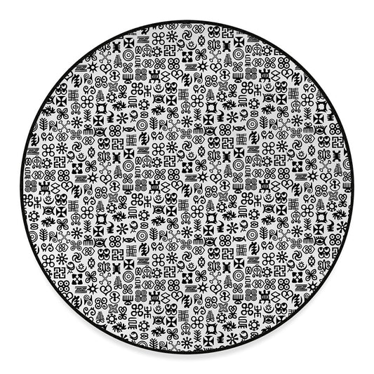 Black And White Adinkra Tribe Symbols Round Floor Mat