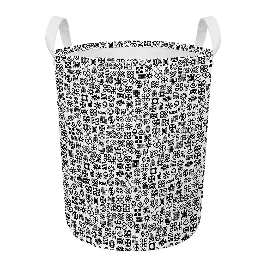 Black And White Adinkra Tribe Symbols Round Laundry Basket
