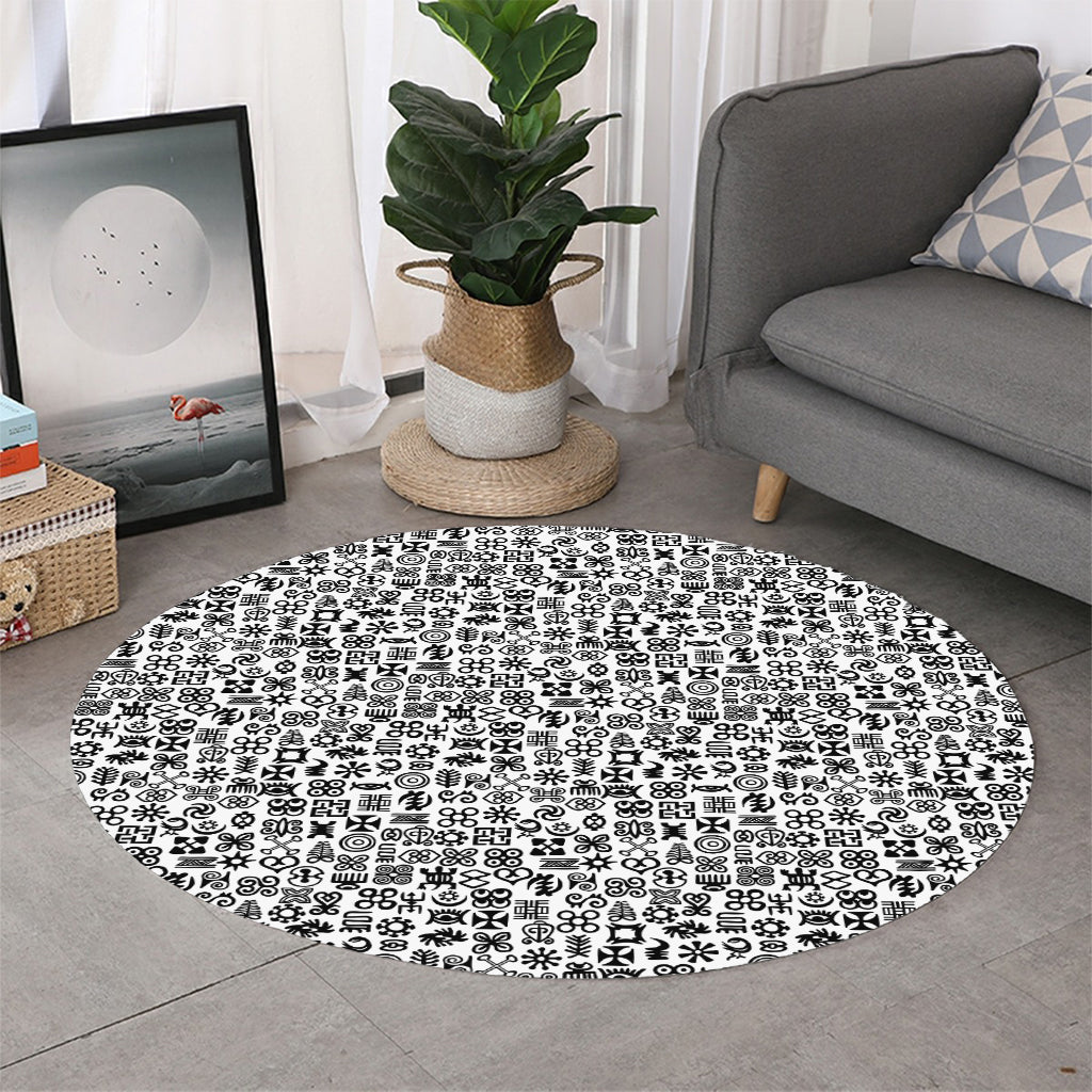 Black And White Adinkra Tribe Symbols Round Rug