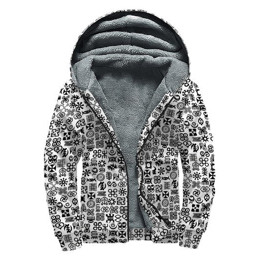Black And White Adinkra Tribe Symbols Sherpa Lined Zip Up Hoodie