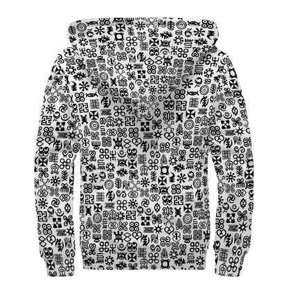 Black And White Adinkra Tribe Symbols Sherpa Lined Zip Up Hoodie