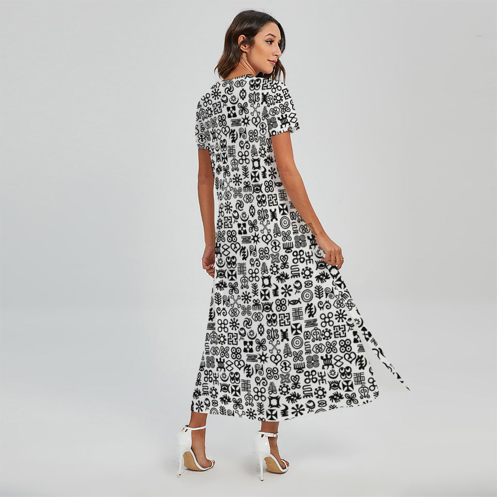 Black And White Adinkra Tribe Symbols Short Sleeve Maxi Dress