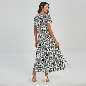 Black And White Adinkra Tribe Symbols Short Sleeve Maxi Dress