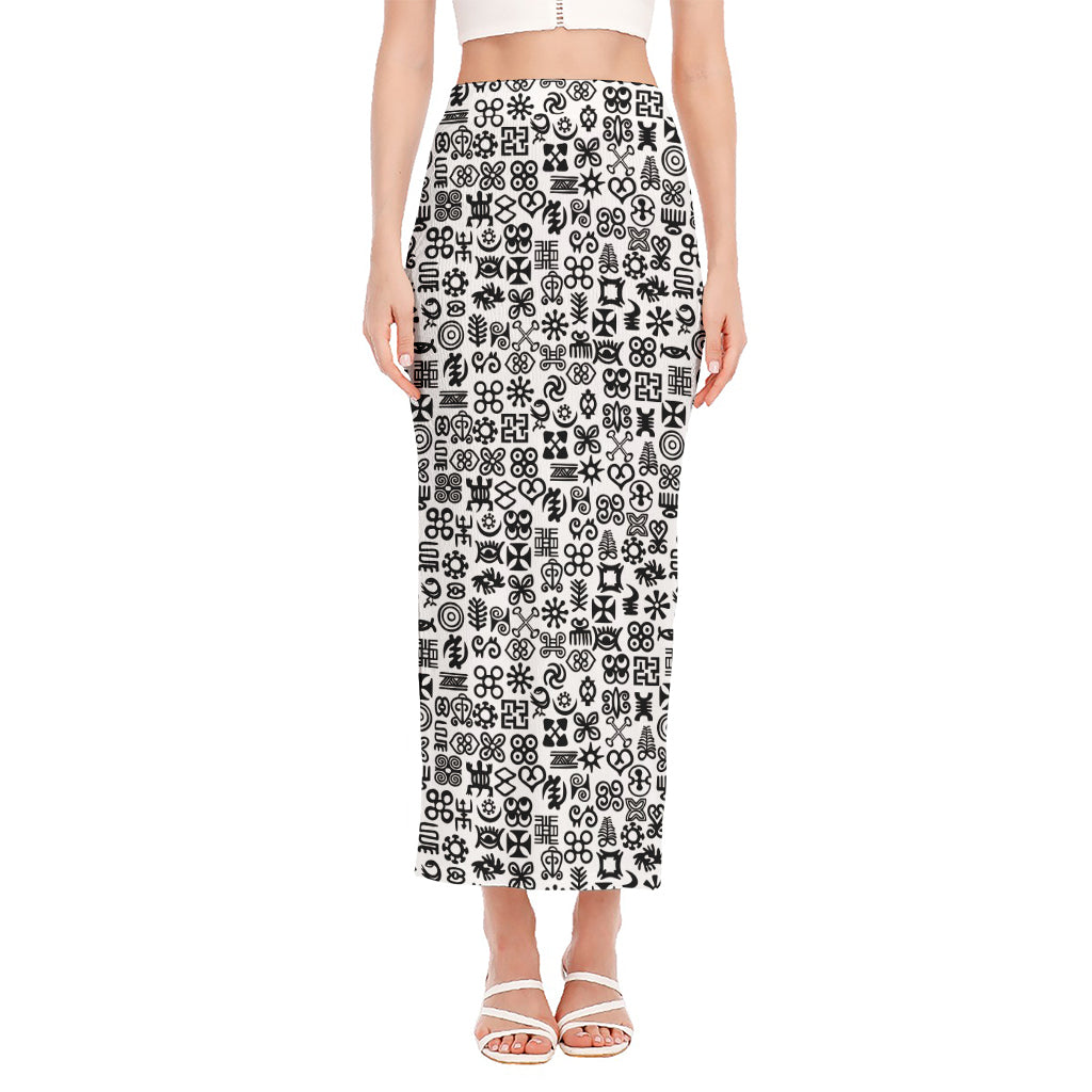 Black And White Adinkra Tribe Symbols Side Slit Maxi Skirt