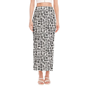 Black And White Adinkra Tribe Symbols Side Slit Maxi Skirt