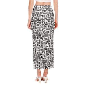 Black And White Adinkra Tribe Symbols Side Slit Maxi Skirt