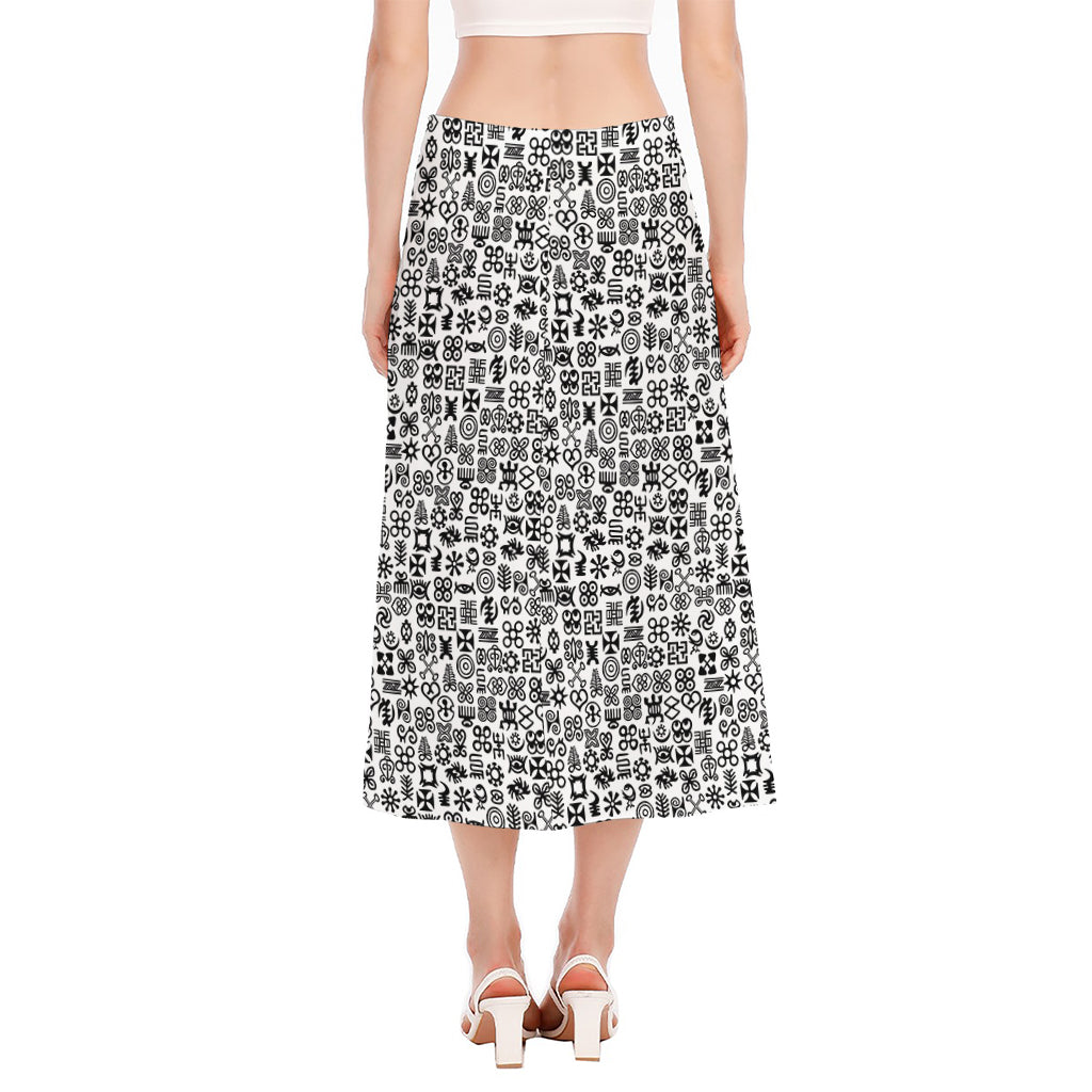 Black And White Adinkra Tribe Symbols Side Slit Midi Skirt