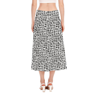 Black And White Adinkra Tribe Symbols Side Slit Midi Skirt