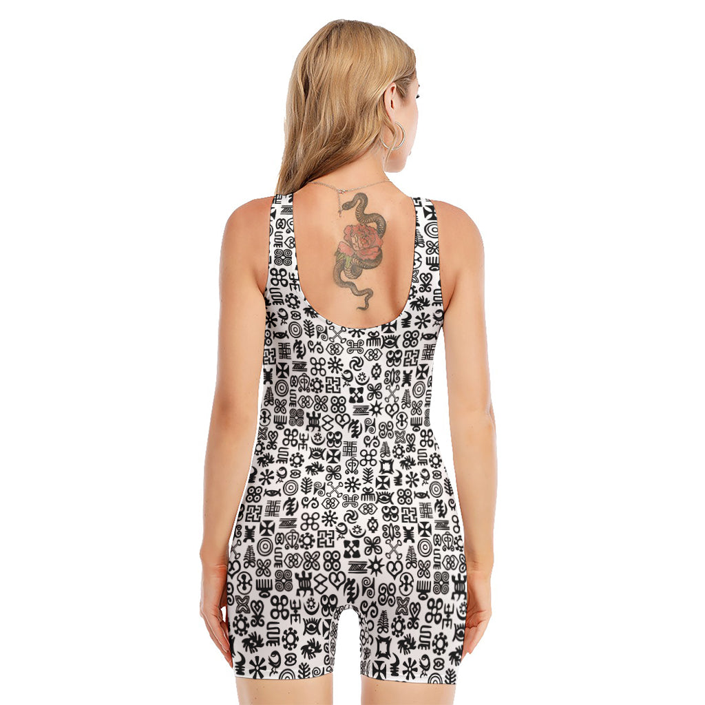 Black And White Adinkra Tribe Symbols Sleeveless One Piece Swimsuit