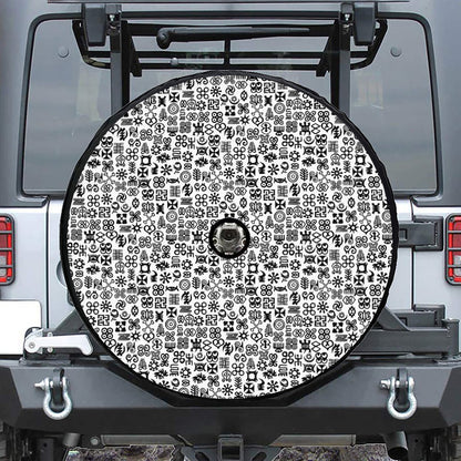 Black And White Adinkra Tribe Symbols Tire Cover With Camera Hole