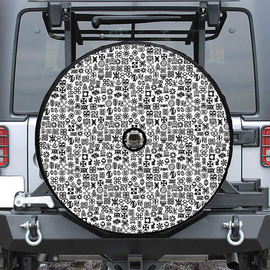 Black And White Adinkra Tribe Symbols Tire Cover With Camera Hole