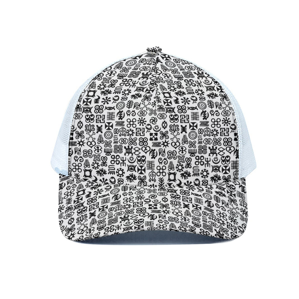 Black And White Adinkra Tribe Symbols White Mesh Trucker Cap