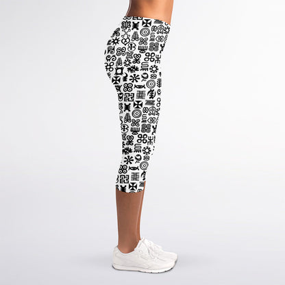 Black And White Adinkra Tribe Symbols Women's Capri Leggings