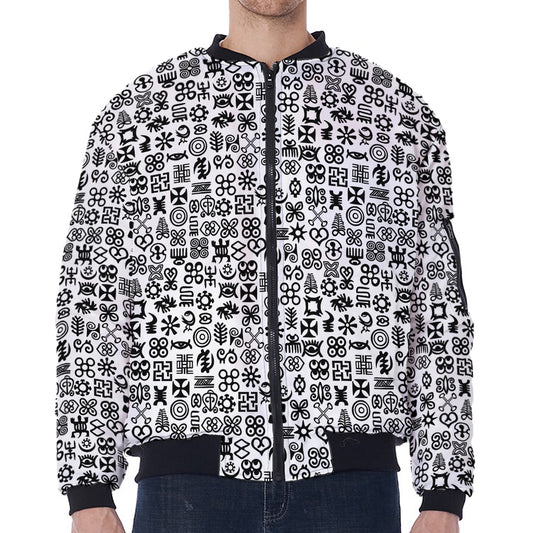 Black And White Adinkra Tribe Symbols Zip Sleeve Bomber Jacket