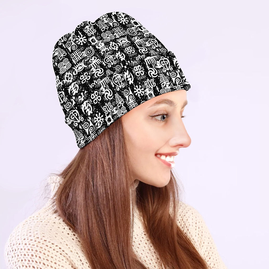 Black And White African Adinkra Symbols Beanie