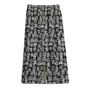 Black And White African Adinkra Symbols Cotton Front Slit Maxi Skirt