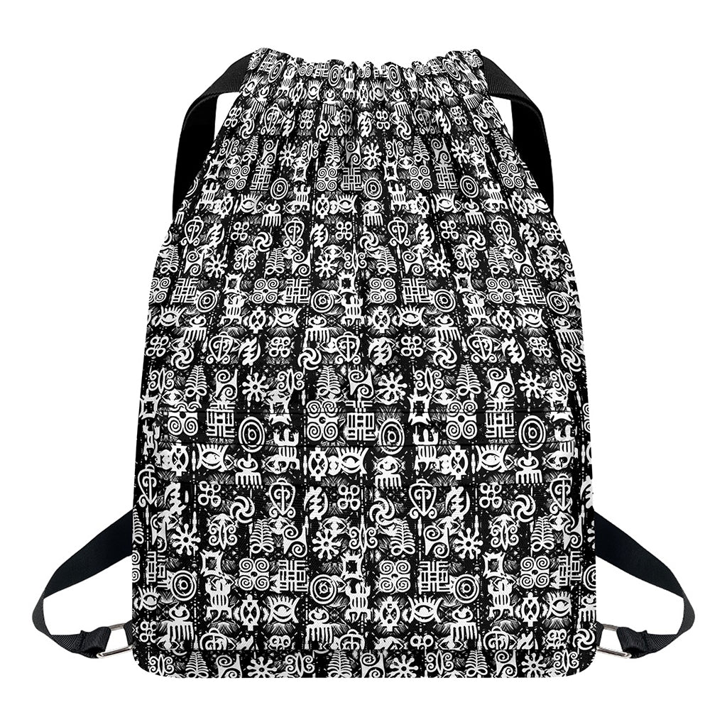 Black And White African Adinkra Symbols Drawstring Backpack