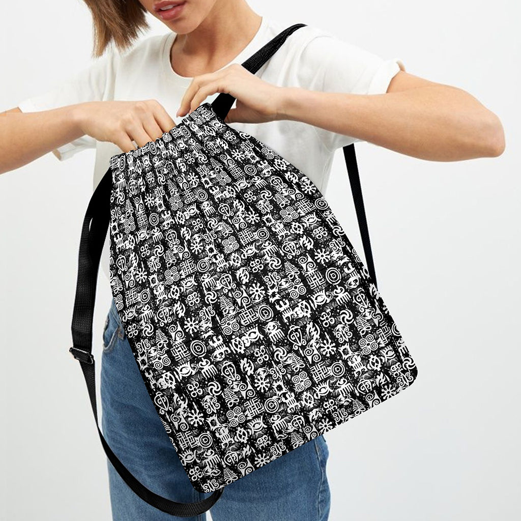 Black And White African Adinkra Symbols Drawstring Backpack