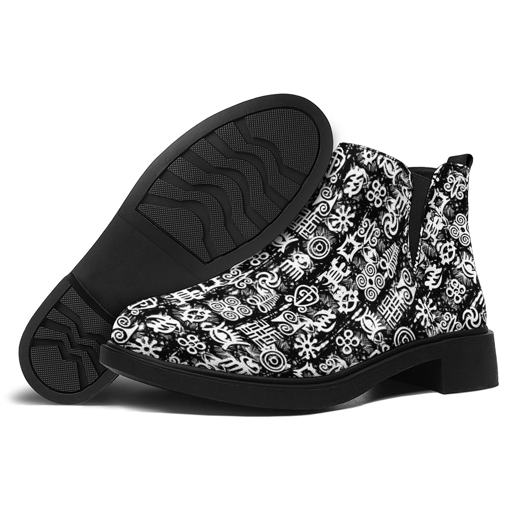 Black And White African Adinkra Symbols Flat Ankle Boots