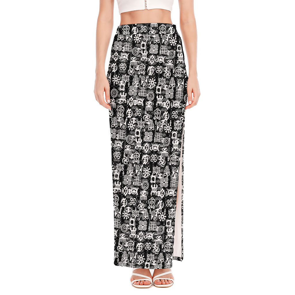 Black And White African Adinkra Symbols High Slit Maxi Skirt