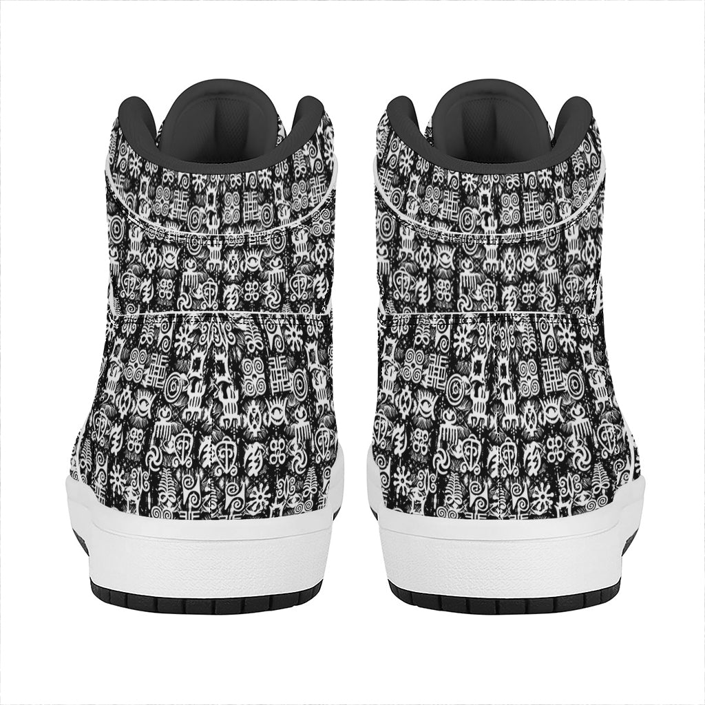 Black And White African Adinkra Symbols High Top Leather Sneakers