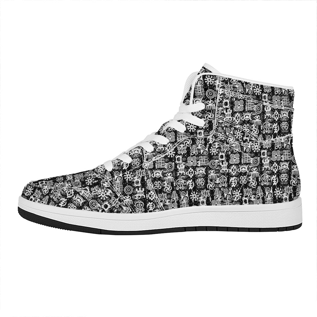 Black And White African Adinkra Symbols High Top Leather Sneakers