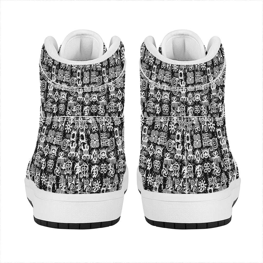 Black And White African Adinkra Symbols High Top Leather Sneakers