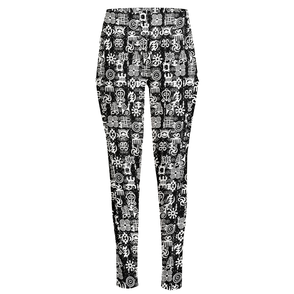 Black And White African Adinkra Symbols High-Waisted Pocket Leggings