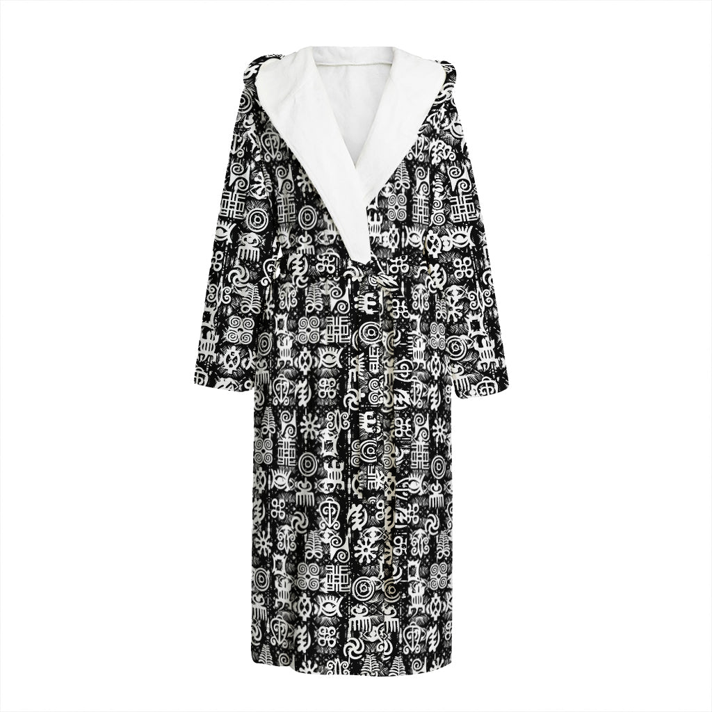 Black And White African Adinkra Symbols Hooded Bathrobe