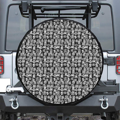 Black And White African Adinkra Symbols Leather Spare Tire Cover