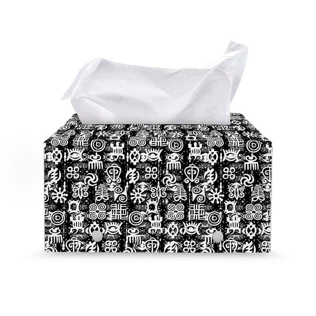 Black And White African Adinkra Symbols Leather Tissue Box Cover