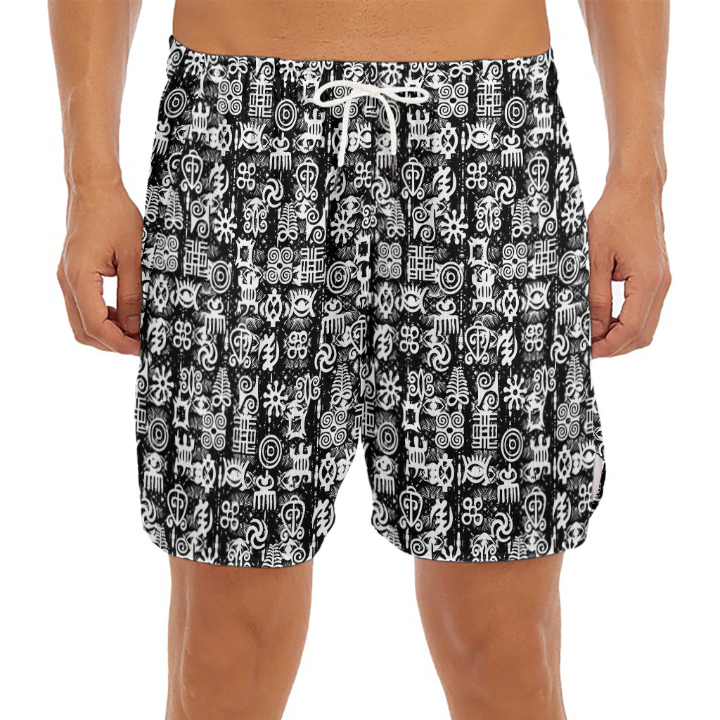 Black And White African Adinkra Symbols Men's Split Running Shorts