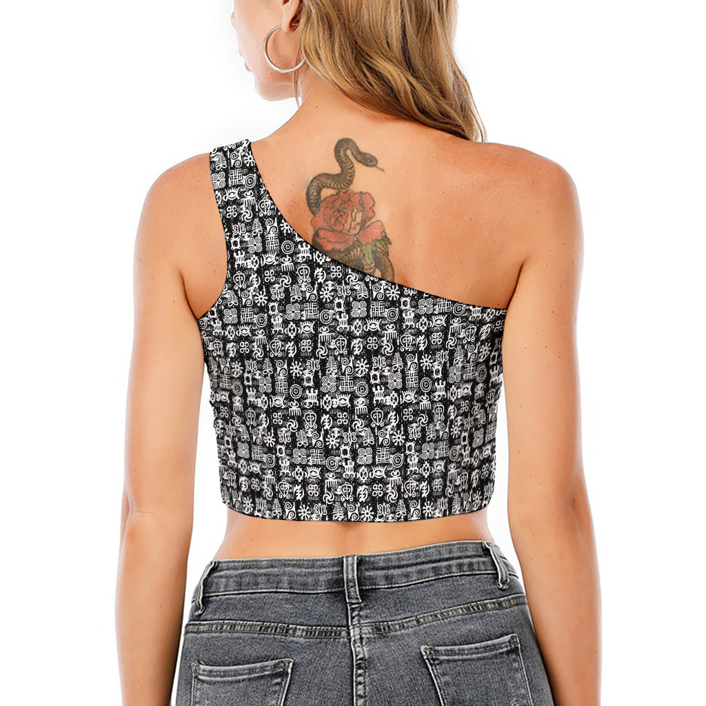 Black And White African Adinkra Symbols One Shoulder Crop Top