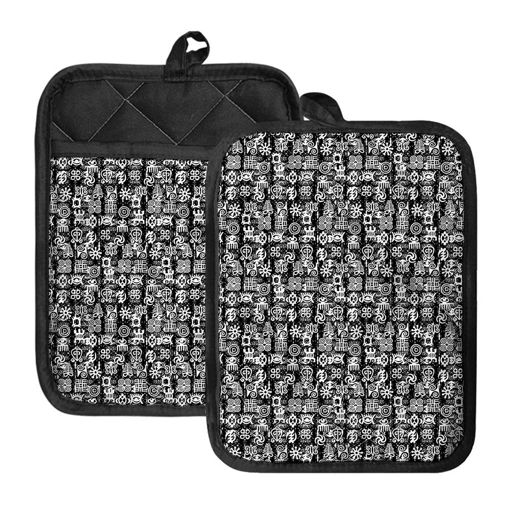 Black And White African Adinkra Symbols Pot Holders With Pocket