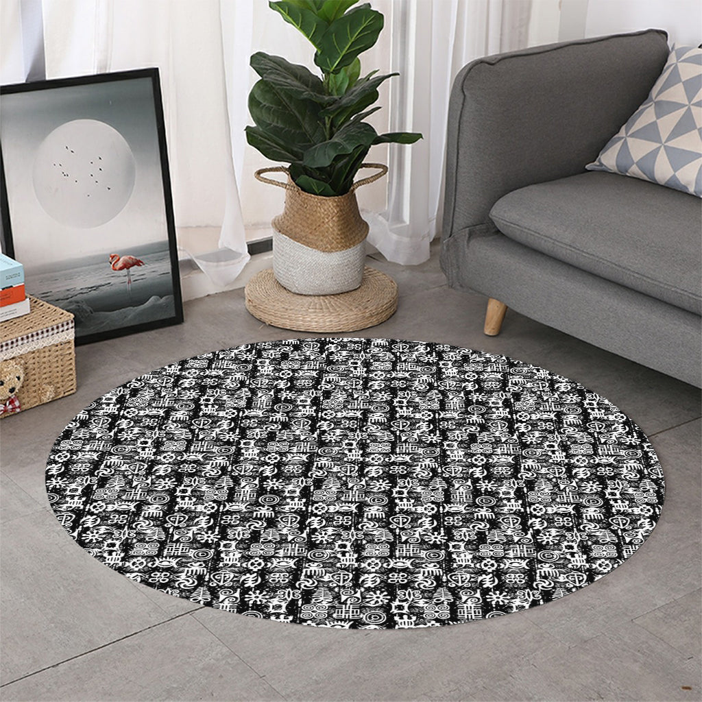 Black And White African Adinkra Symbols Round Rug