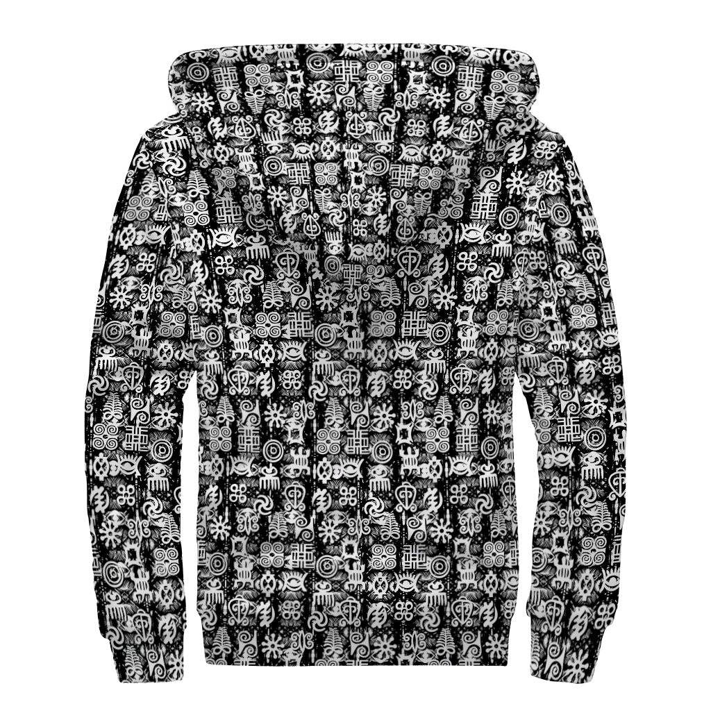 Black And White African Adinkra Symbols Sherpa Lined Zip Up Hoodie