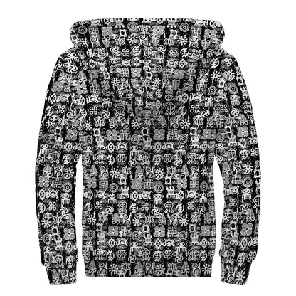 Black And White African Adinkra Symbols Sherpa Lined Zip Up Hoodie