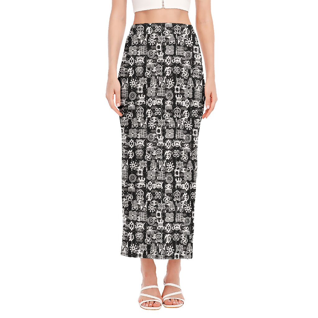 Black And White African Adinkra Symbols Side Slit Maxi Skirt