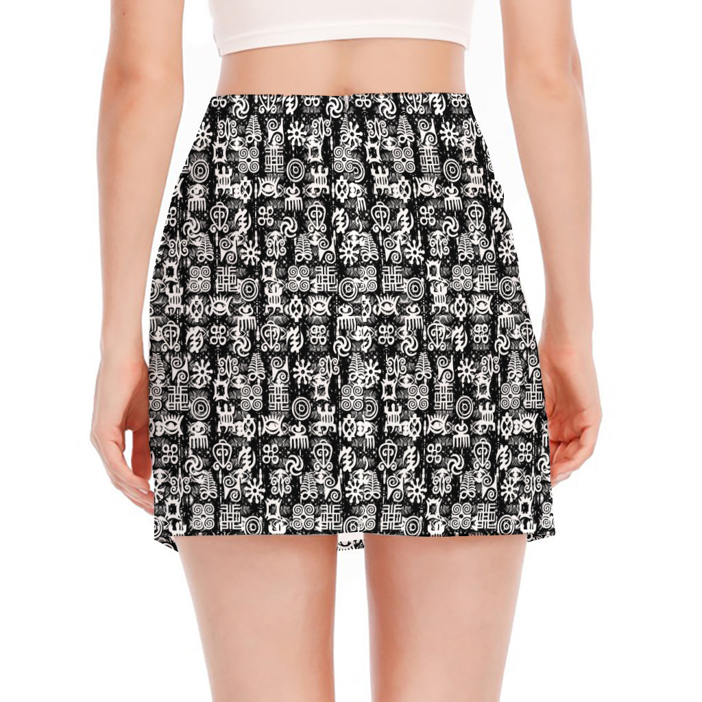 Black And White African Adinkra Symbols Side Slit Mini Skirt