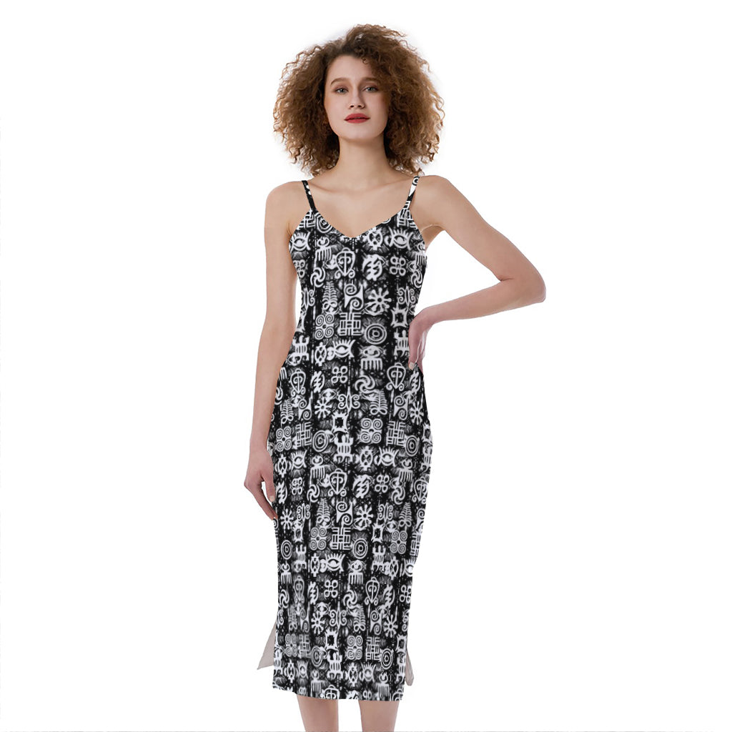 Black And White African Adinkra Symbols Slim Fit Midi Cami Dress