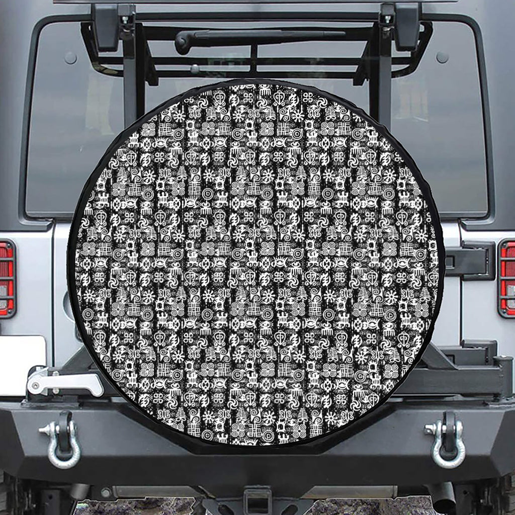 Black And White African Adinkra Symbols Tire Cover