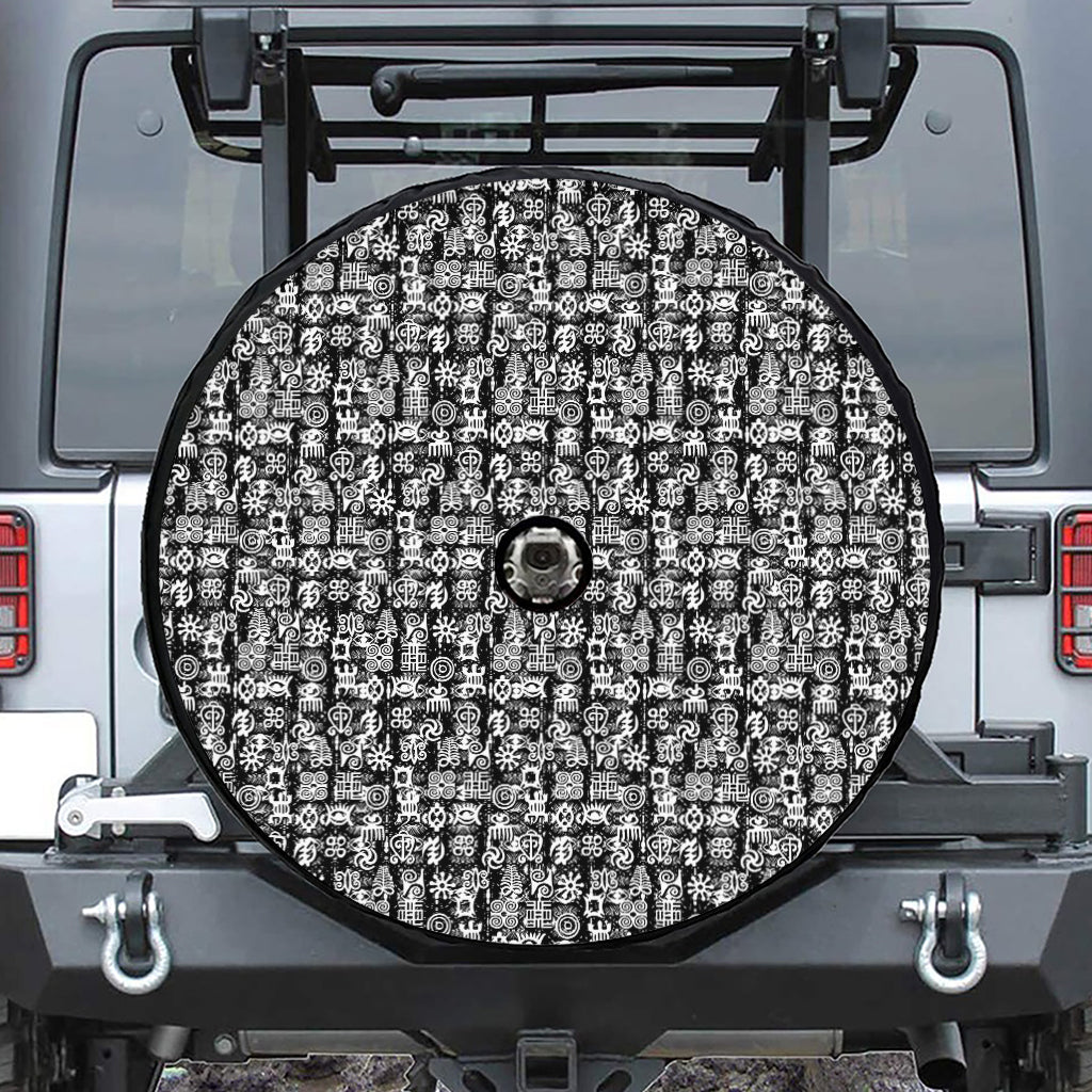 Black And White African Adinkra Symbols Tire Cover With Camera Hole