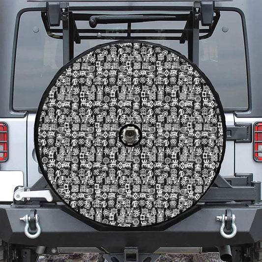 Black And White African Adinkra Symbols Tire Cover With Camera Hole