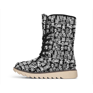 Black And White African Adinkra Symbols Winter Boots