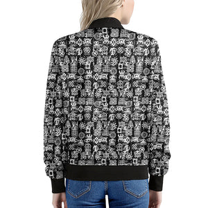 Black And White African Adinkra Symbols Women's Bomber Jacket