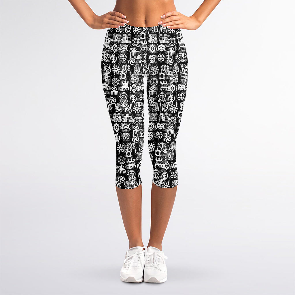 Black And White African Adinkra Symbols Women's Capri Leggings