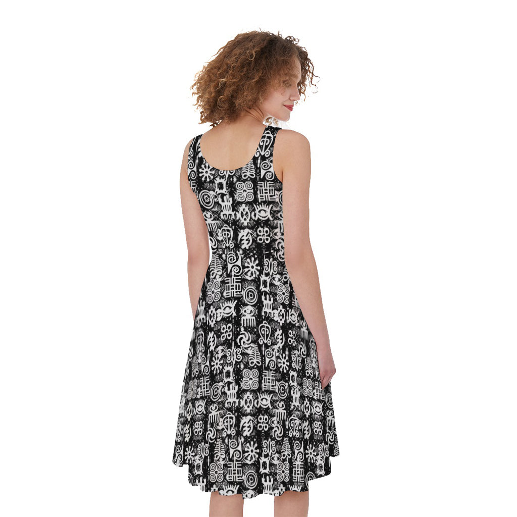 Black And White African Adinkra Symbols Women's Sleeveless Dress