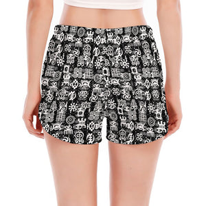 Black And White African Adinkra Symbols Women's Split Running Shorts