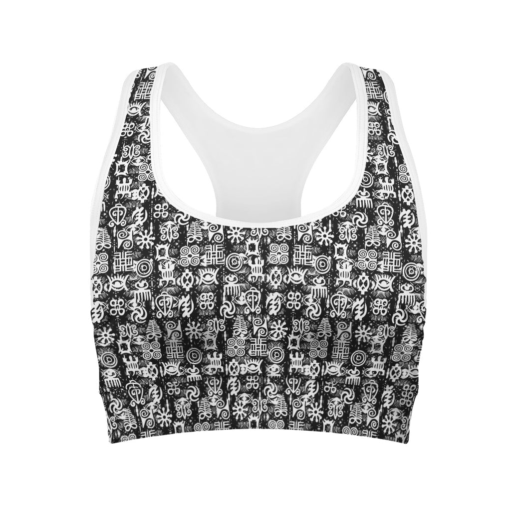 Black And White African Adinkra Symbols Women's Sports Bra