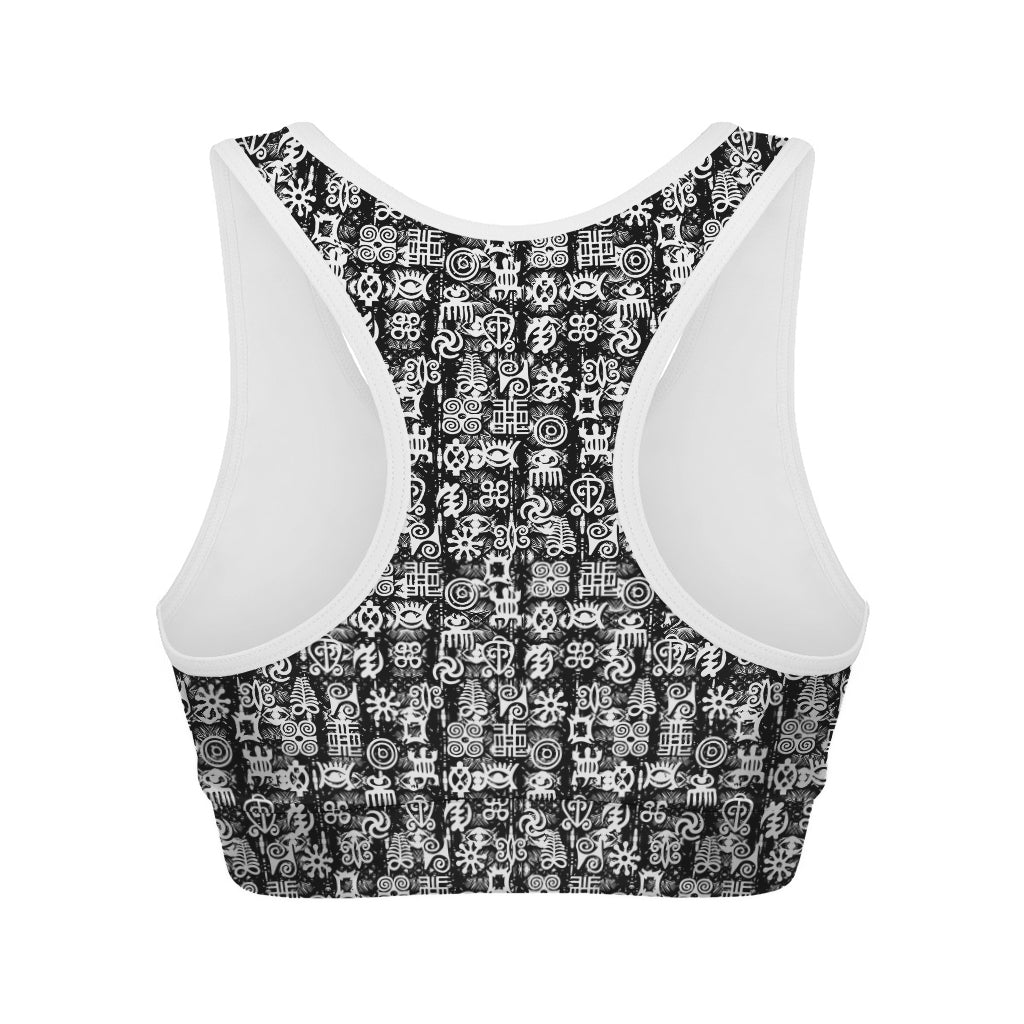 Black And White African Adinkra Symbols Women's Sports Bra